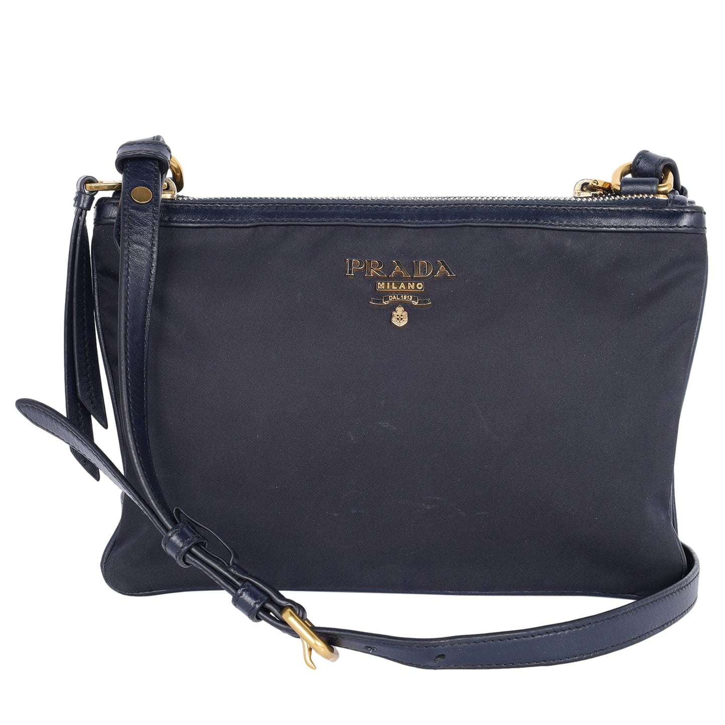 Tessuto Nylon Blue Double Zip Calf Leather Crossbody Bag ( )
