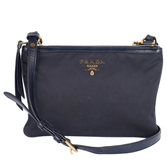 Tessuto Nylon Blue Double Zip Calf Leather Crossbody Bag ( )