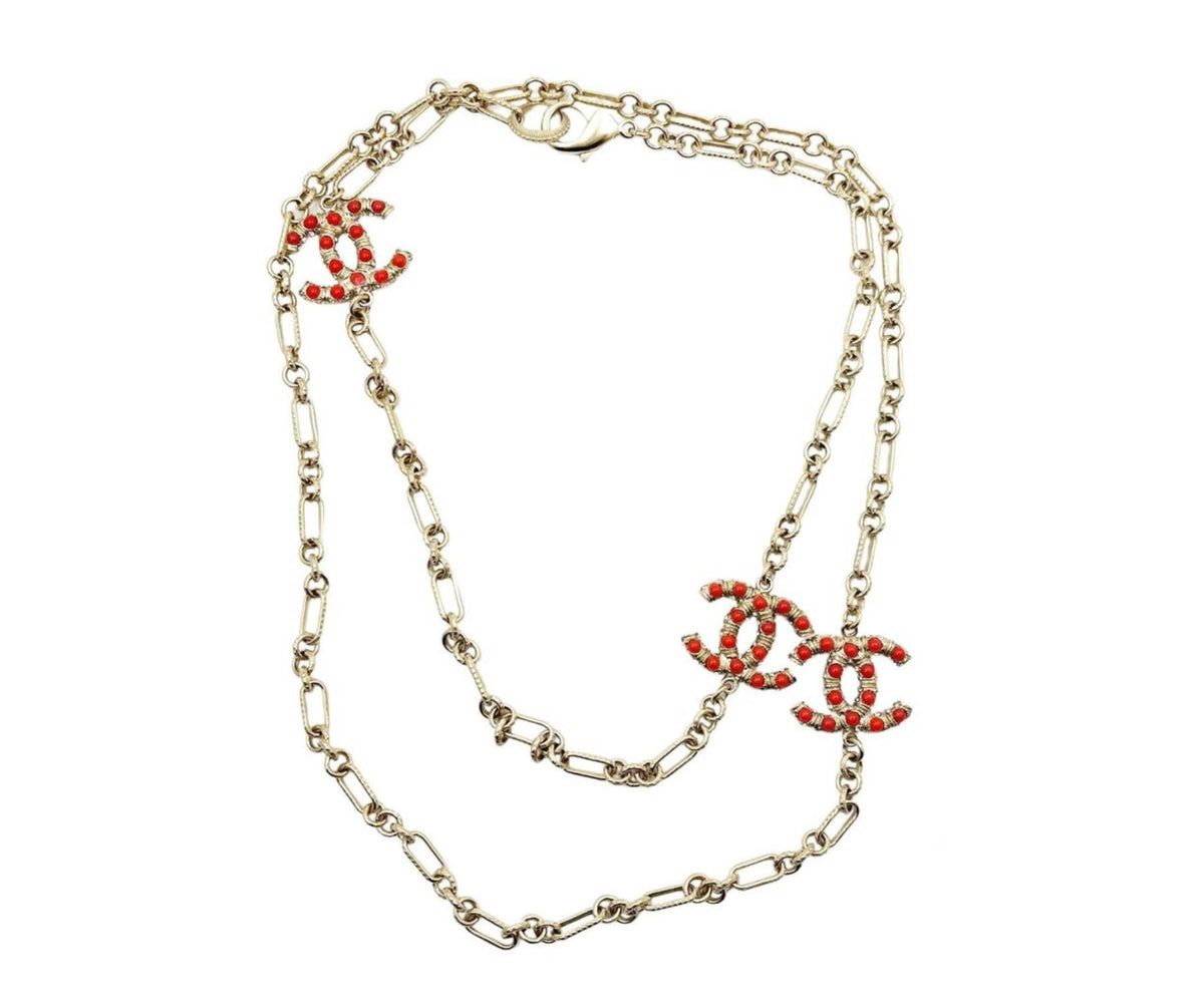 Top Quality Chanel Gold CC Red Bead Chain Necklace