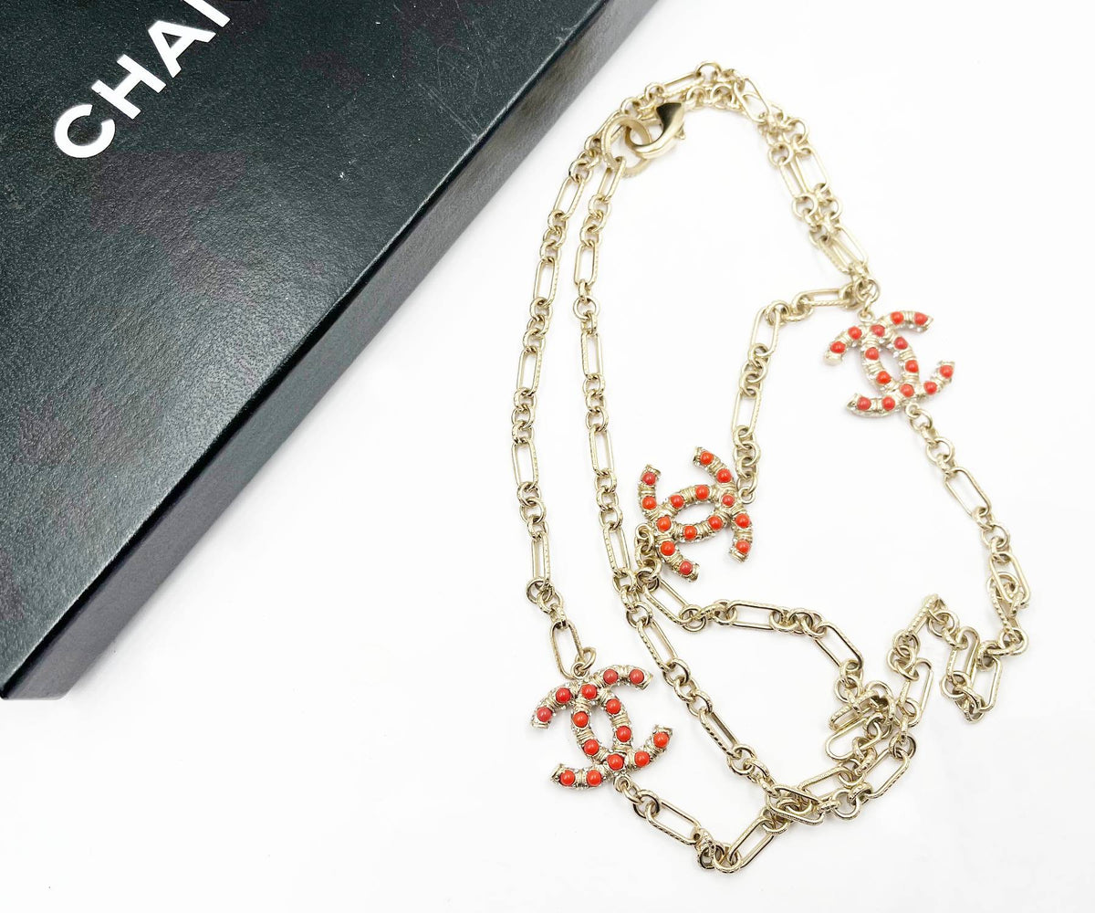 Top Quality Chanel Gold CC Red Bead Chain Necklace