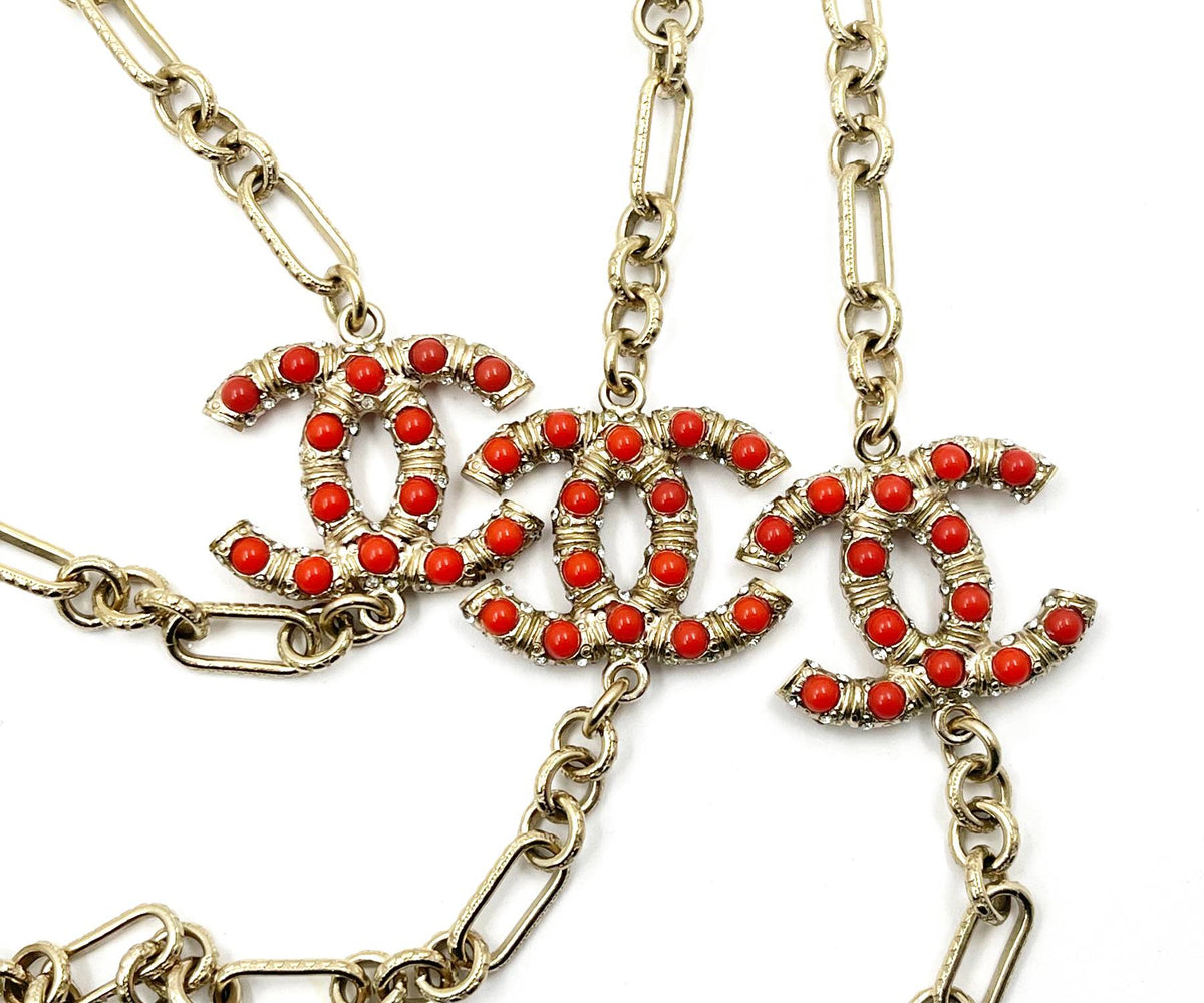 Top Quality Chanel Gold CC Red Bead Chain Necklace