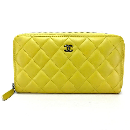 CHANEL Long Wallet Purse lambskin yellow Matrasse CC COCO Mark Women Used