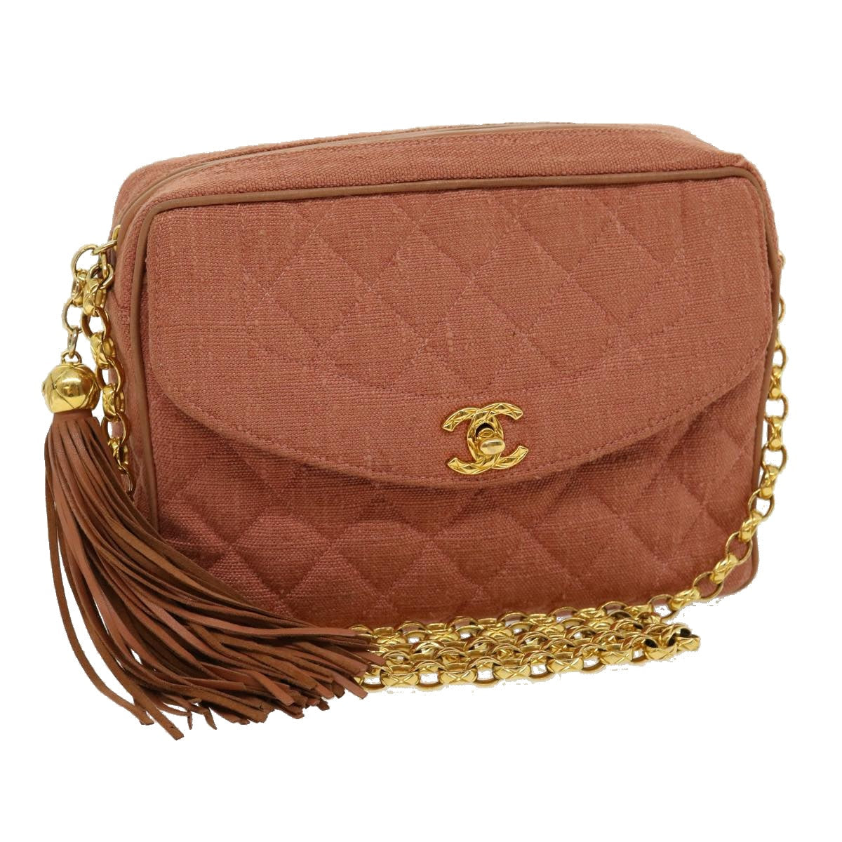 Top Quality Chanel Diana Turn Lock Chain Shoulder Bag Linen Fringe Pink CC Auth 30153A