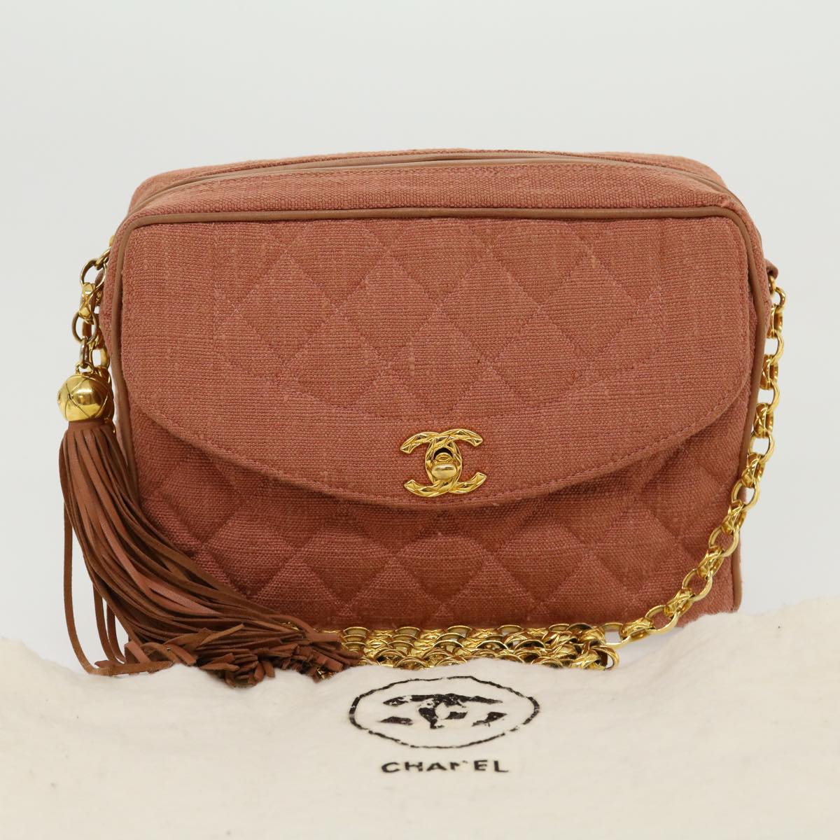 Top Quality Chanel Diana Turn Lock Chain Shoulder Bag Linen Fringe Pink CC Auth 30153A