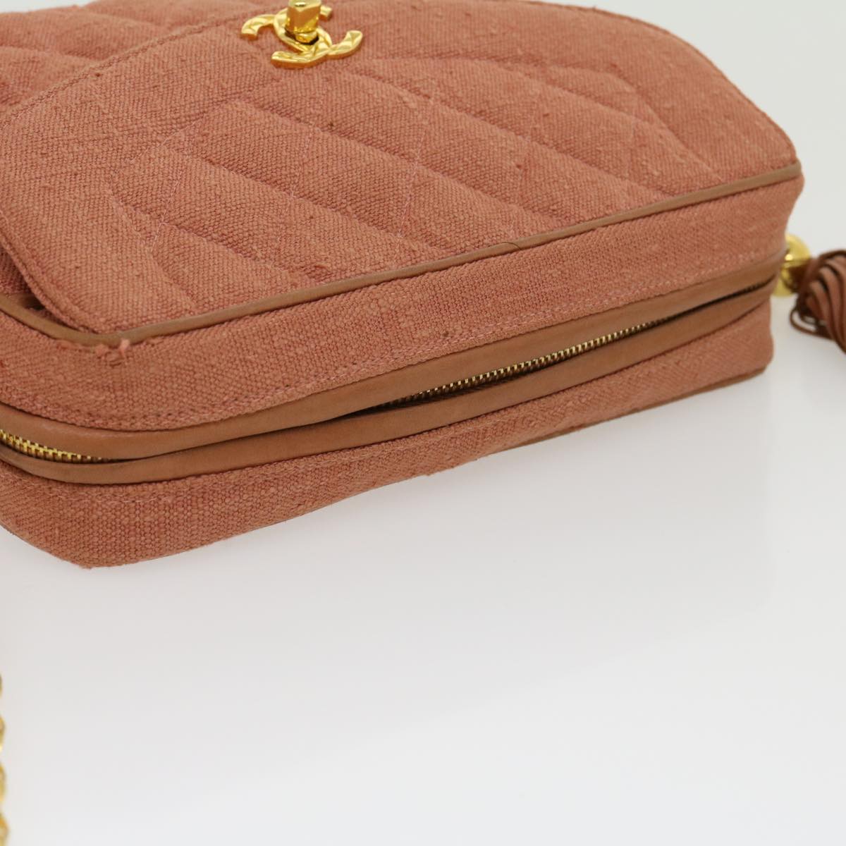 Top Quality Chanel Diana Turn Lock Chain Shoulder Bag Linen Fringe Pink CC Auth 30153A