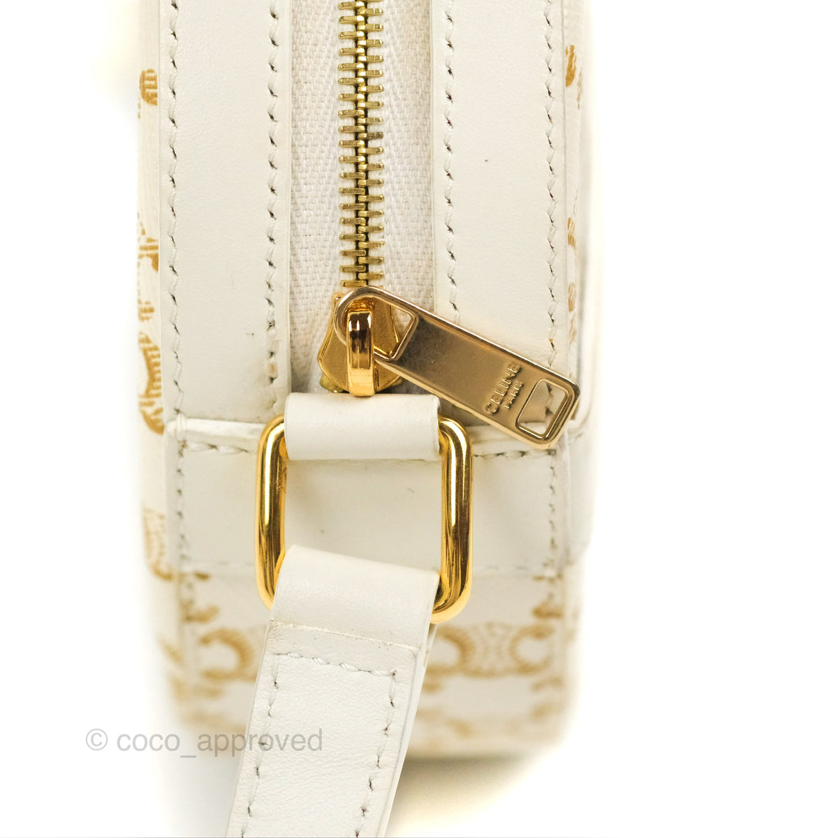 Celine Round Purse on Strap Triomphe Canvas White Calfskin