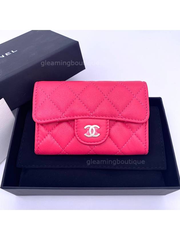 Gold Hardware CC Logo Classic Lambskin Flap Card Wallet Red Champagne Chanel
