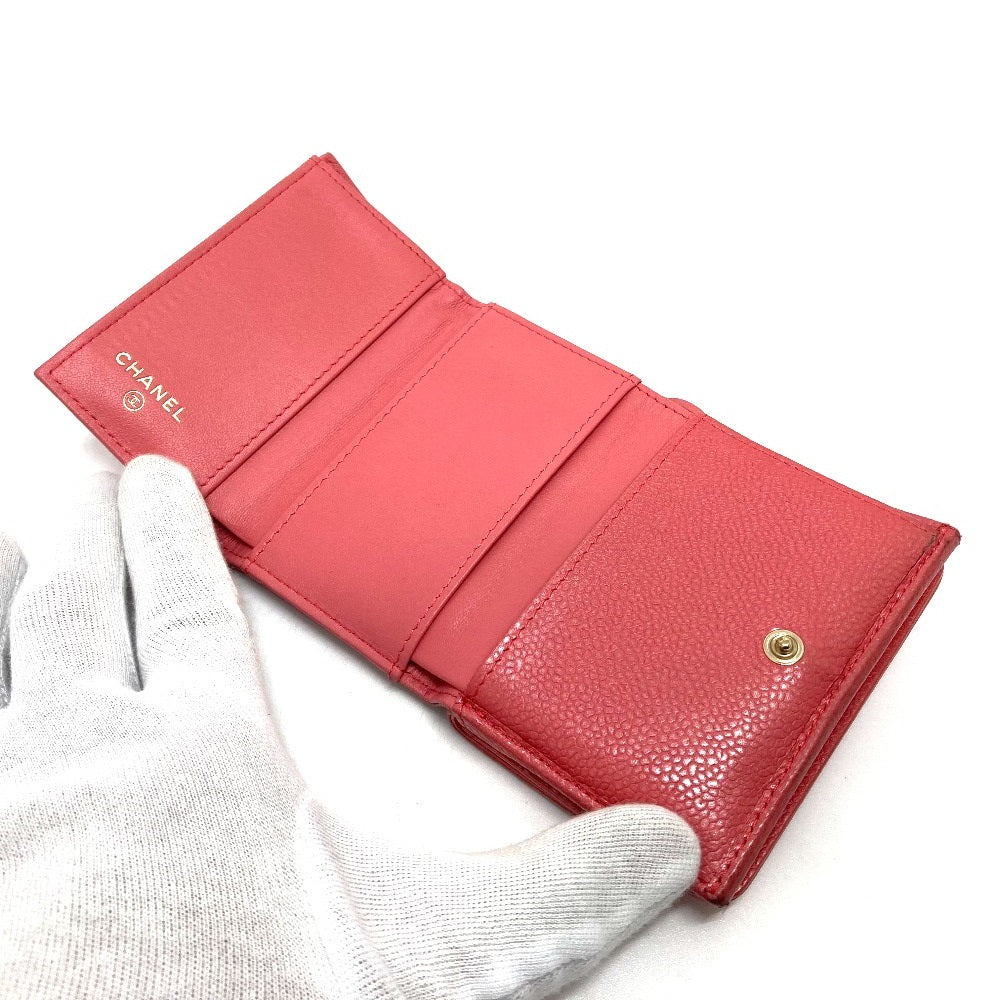 CHANEL Trifold wallet A70796 Caviar skin salmon pink CC COCO Mark W Hook Wallet Small Flap Wallet Women Used