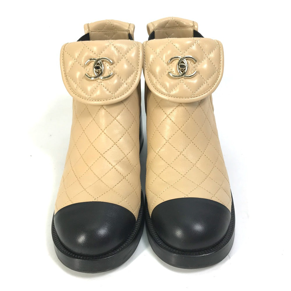 CHANEL boots G45144 lambskin beige 23B Bicolor Shoes Turnlock Matelasse Quilted Side Gore 38