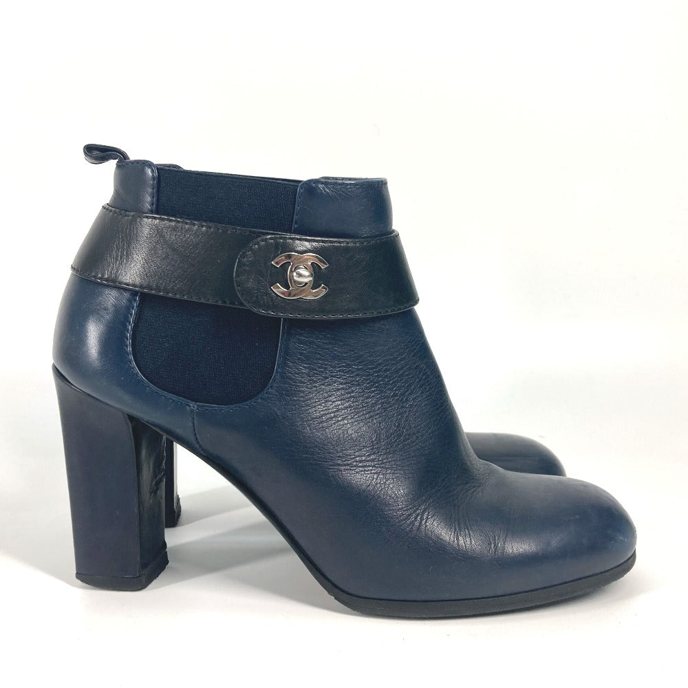 CHANEL boots G29293 leather Navy short boots shoes shoes heels CC COCO Mark Turnlock Women 37.5 Used