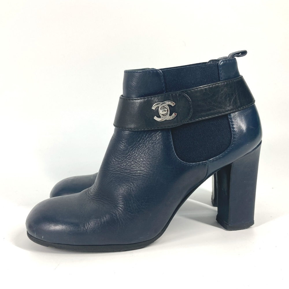 CHANEL boots G29293 leather Navy short boots shoes shoes heels CC COCO Mark Turnlock Women 37.5 Used