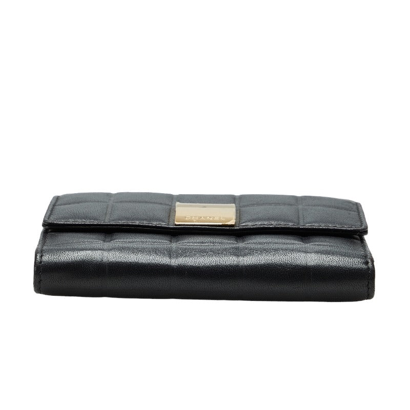 Chanel Chocolate Bar Three Folded Wallet Black Leather