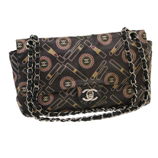 Top Quality Chanel Lip Chain Turn Lock Shoulder Bag Satin Black CC Auth 30892