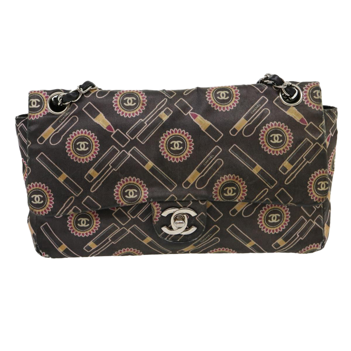 Top Quality Chanel Lip Chain Turn Lock Shoulder Bag Satin Black CC Auth 30892