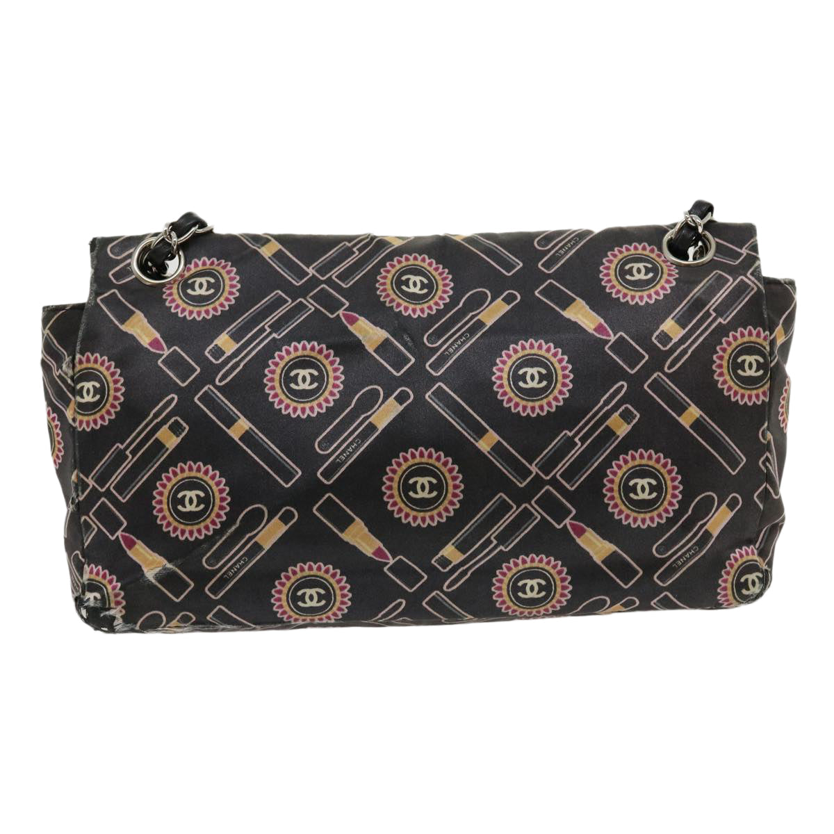Top Quality Chanel Lip Chain Turn Lock Shoulder Bag Satin Black CC Auth 30892