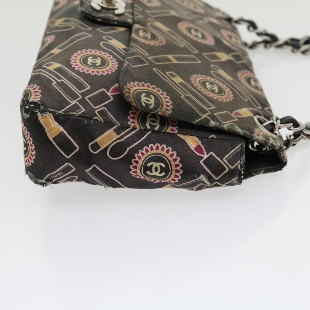 Top Quality Chanel Lip Chain Turn Lock Shoulder Bag Satin Black CC Auth 30892