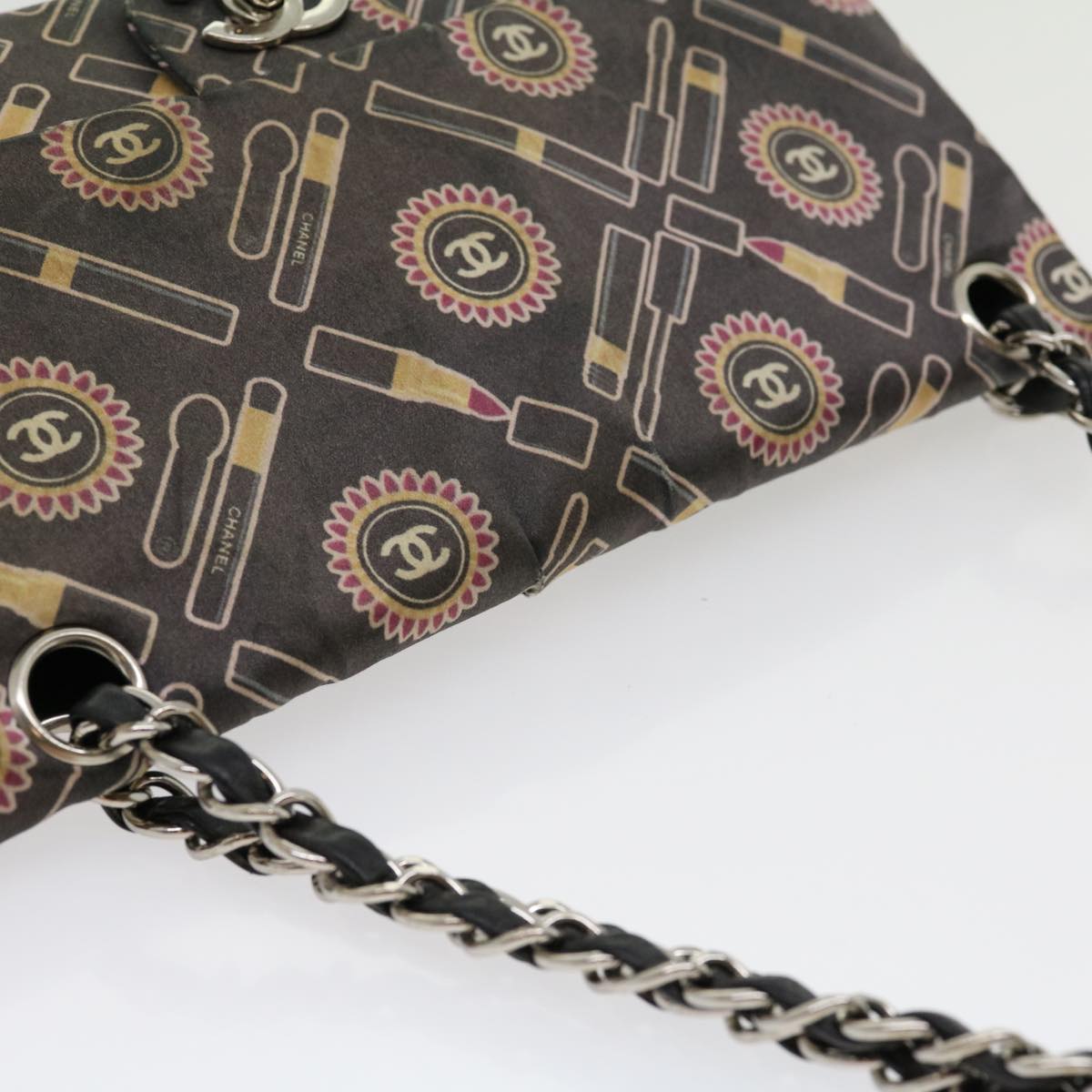 Top Quality Chanel Lip Chain Turn Lock Shoulder Bag Satin Black CC Auth 30892