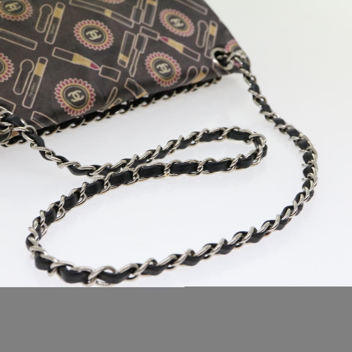 Top Quality Chanel Lip Chain Turn Lock Shoulder Bag Satin Black CC Auth 30892