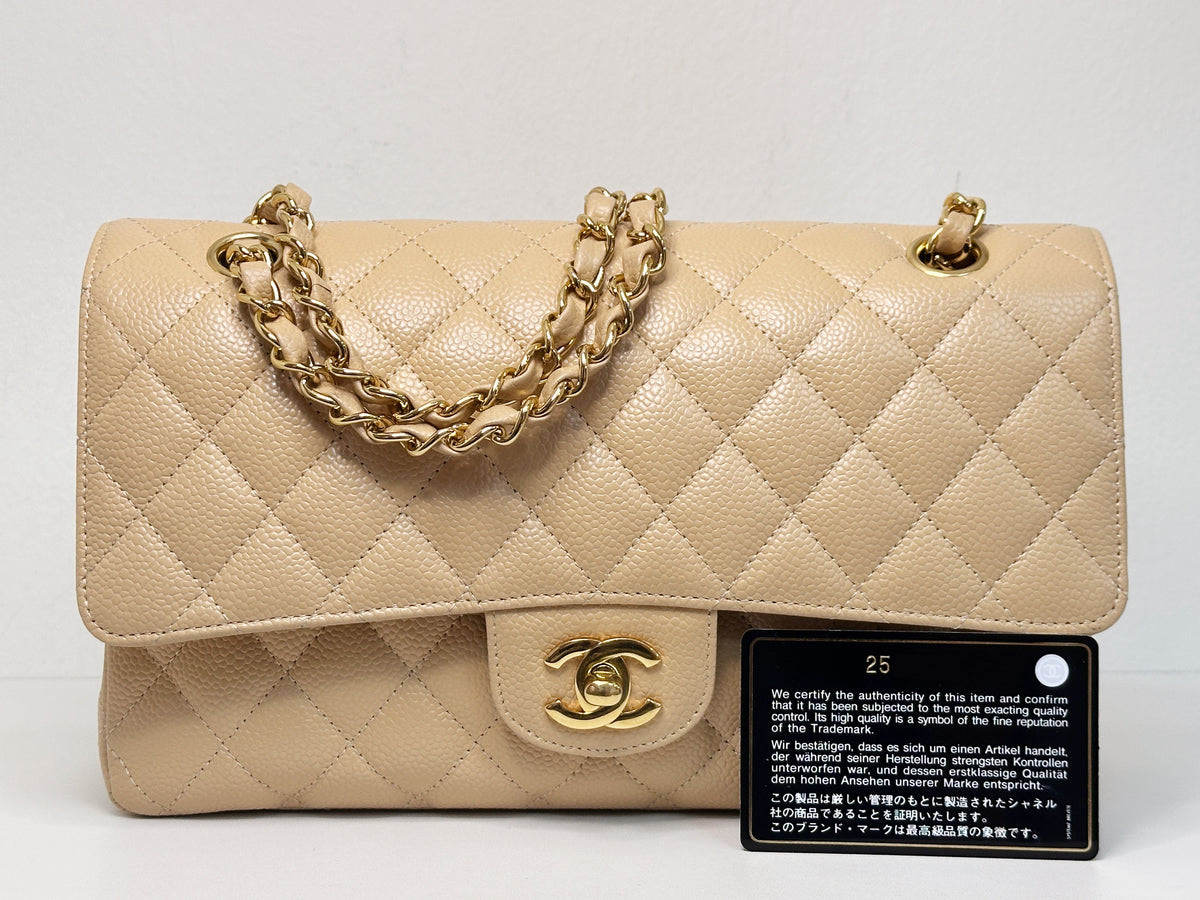 Chanel Medium Caviar Classic Double Flap Bag Beige 2552 holo card
