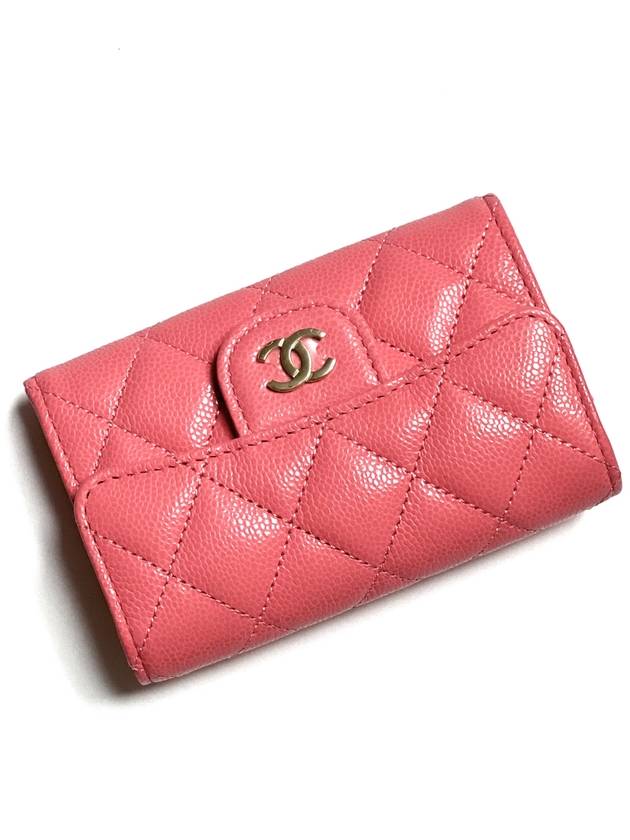 Classic Gold Logo Grained Shiny Calfskin Card Wallet Pink Chanel