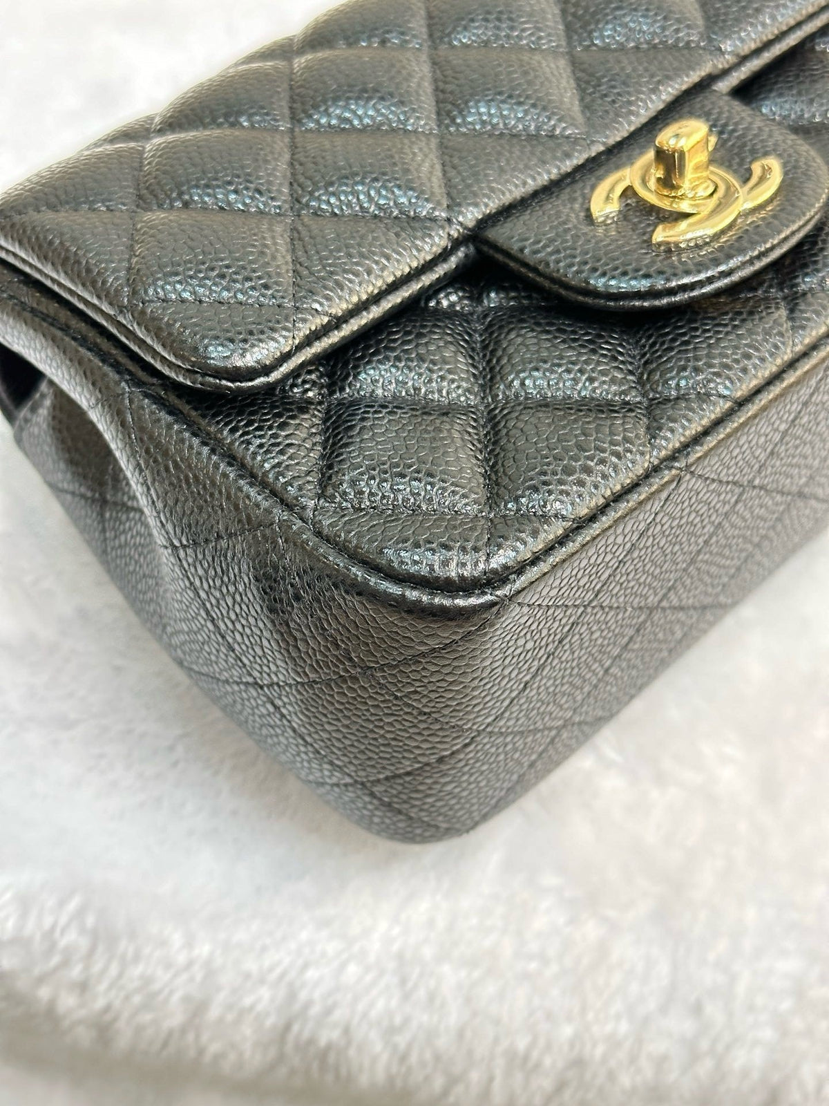 Chanel Mini Square Caviar Flap Bag Black GHW 25 holo card (Chain short than usual)