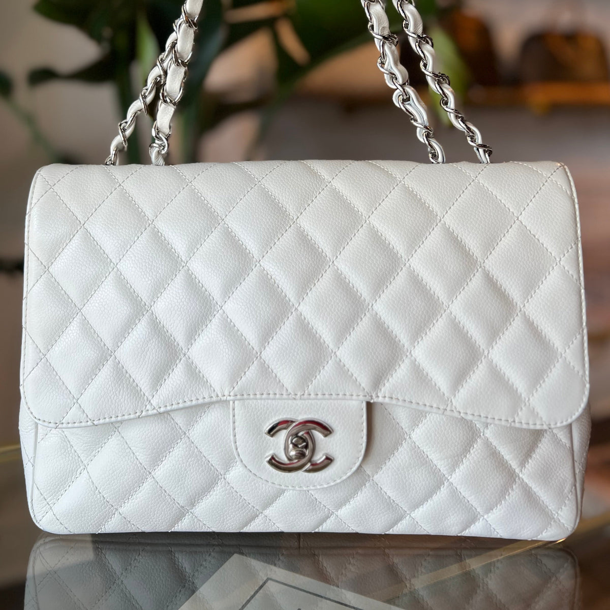 CHANEL Vintage Classic Jumbo White Caviar Single Flap