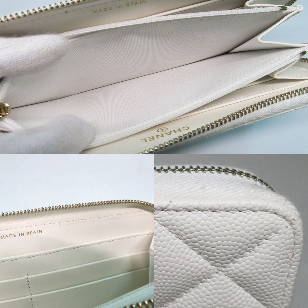 CHANEL CHANEL Long Zip Wallet AP3337 Matrasse Caviar S White G  Round  Long Wallet Coco Small Leather