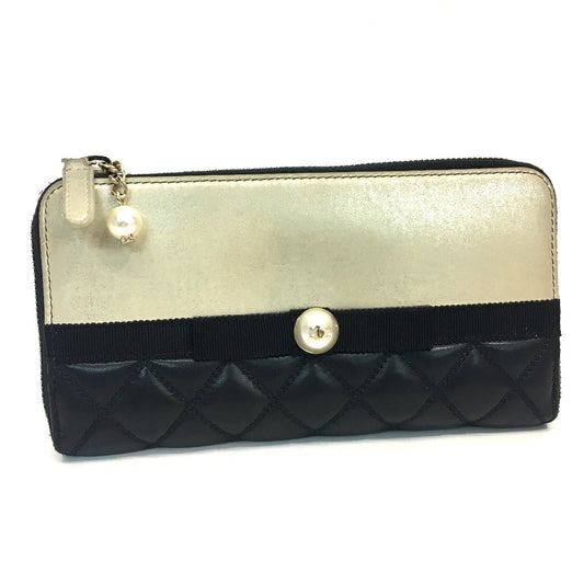 CHANEL Long Wallet Purse A82472 lambskin Champagne Gold x Black Pearl ribbon Matrasse Women Used