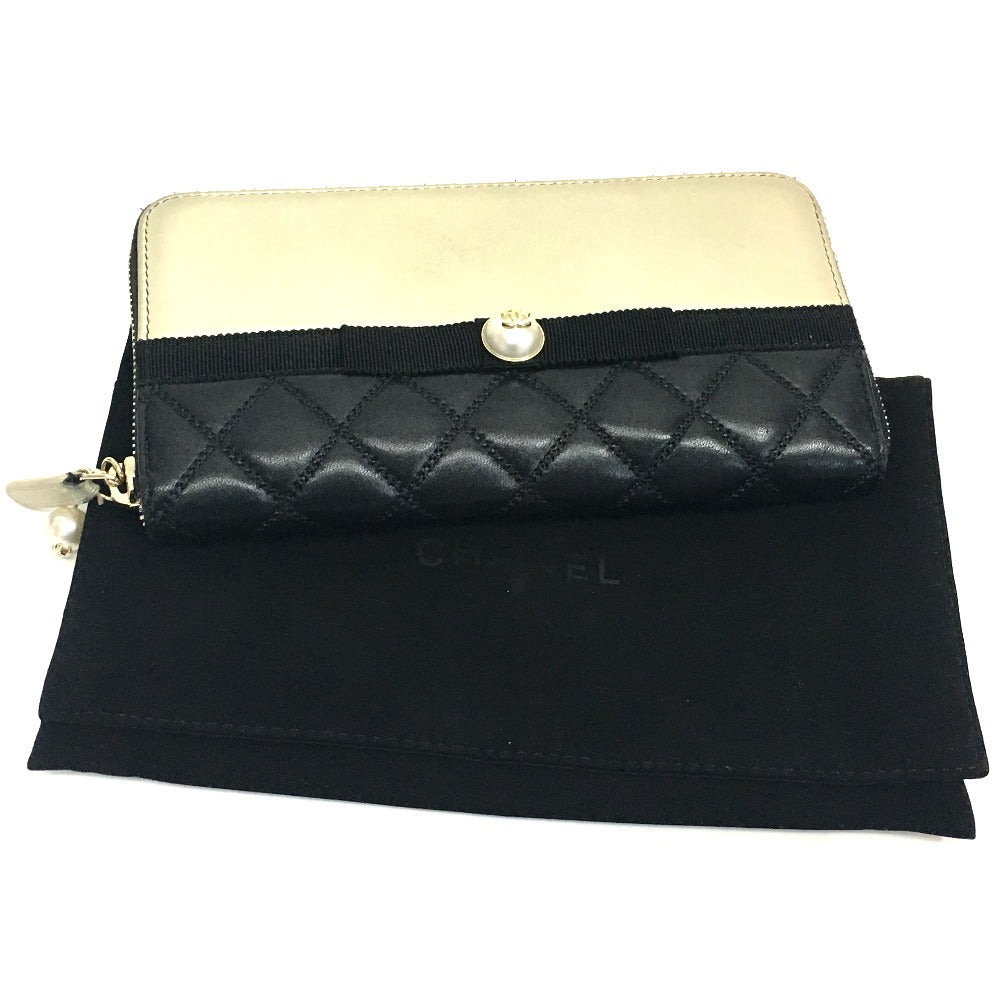 CHANEL Long Wallet Purse A82472 lambskin Champagne Gold x Black Pearl ribbon Matrasse Women Used