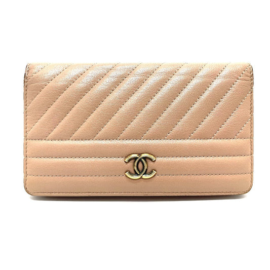 CHANEL Long Wallet Purse A82399 Goatskin beige Striped border COCO Mark Women Used