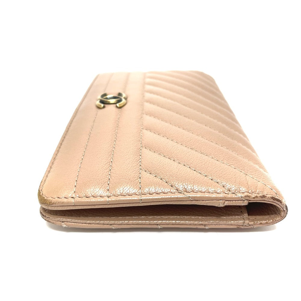 CHANEL Long Wallet Purse A82399 Goatskin beige Striped border COCO Mark Women Used