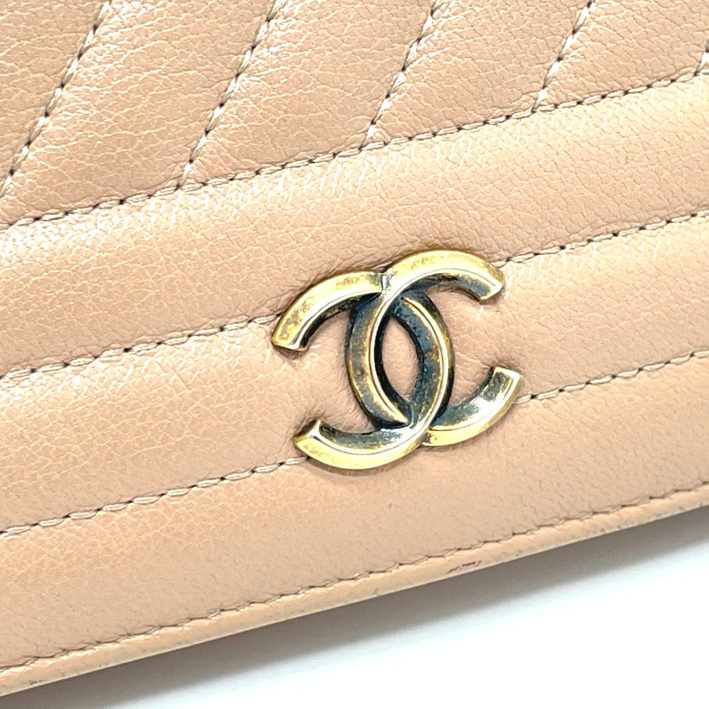 CHANEL Long Wallet Purse A82399 Goatskin beige Striped border COCO Mark Women Used