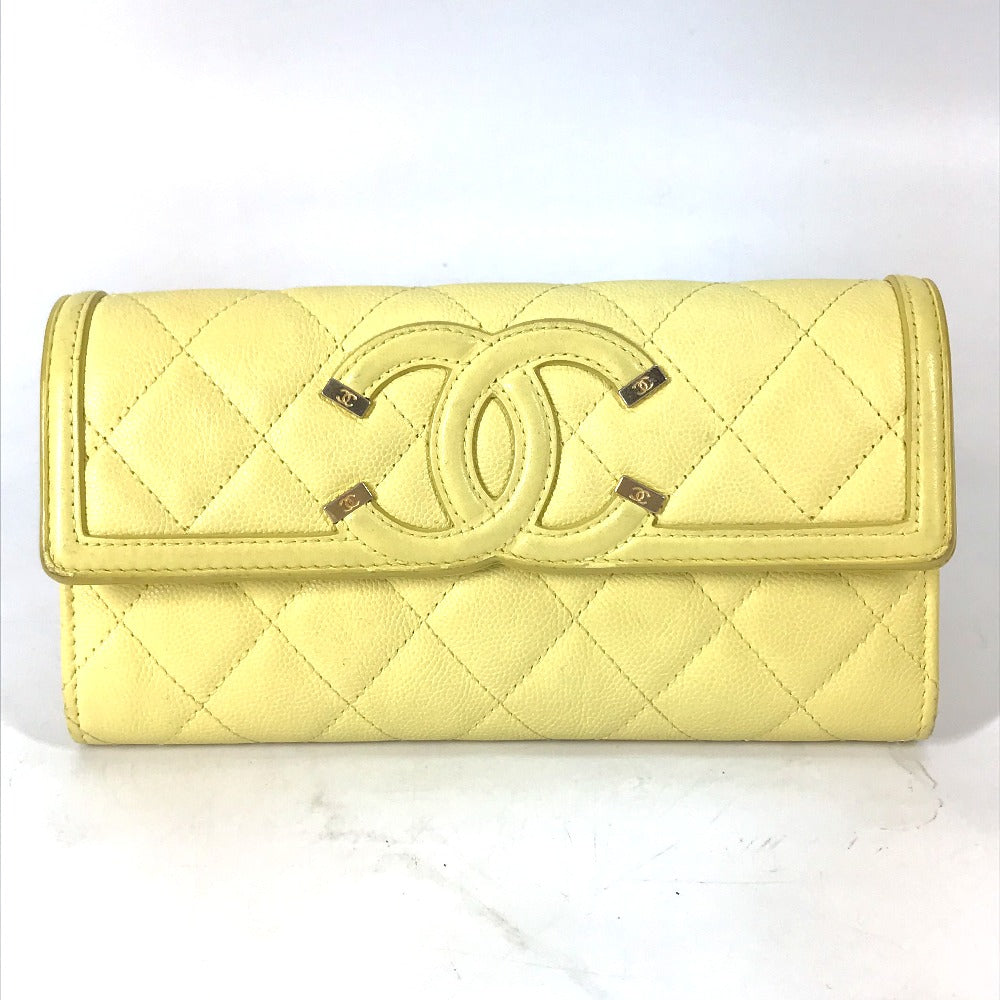 CHANEL Long Wallet Purse Caviar skin yellow Long wallet Filigree CC COCO Mark