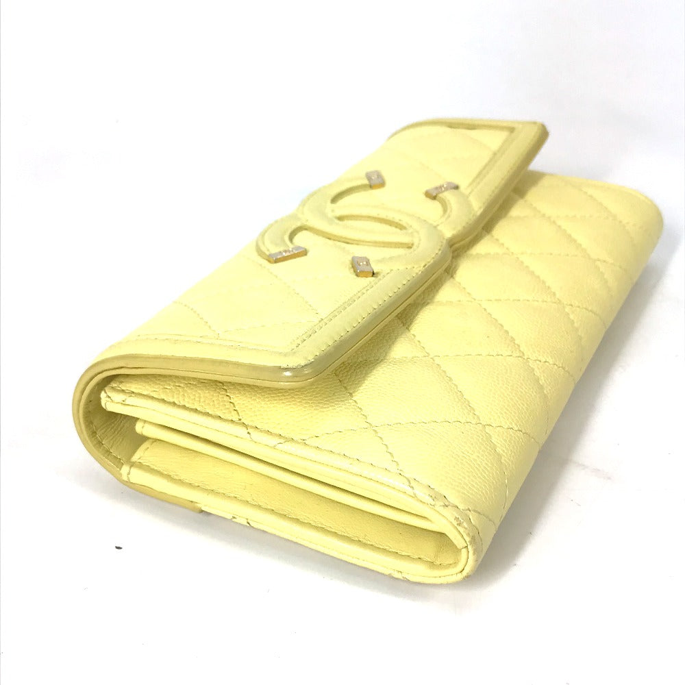 CHANEL Long Wallet Purse Caviar skin yellow Long wallet Filigree CC COCO Mark