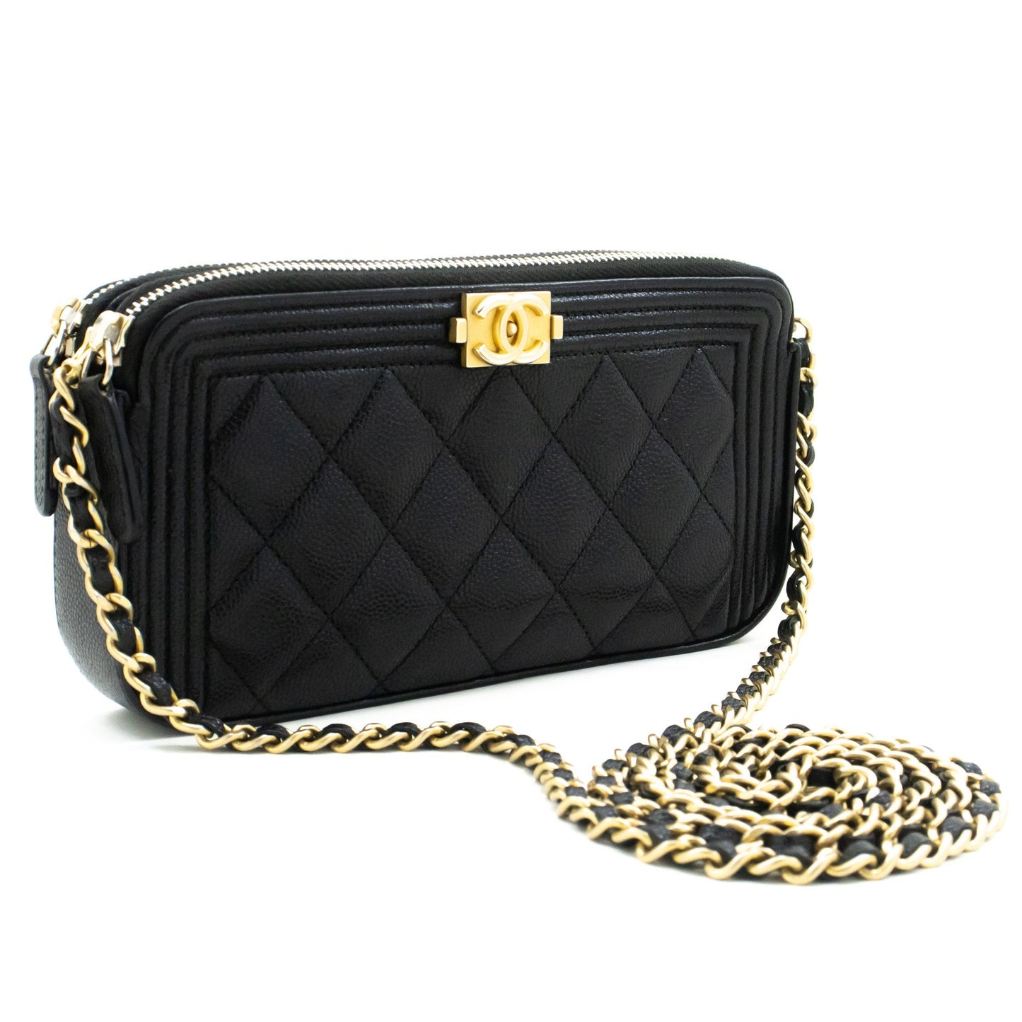 CHANEL Boy Black Caviar Wallet On Chain WOC Double Zip Shoulder