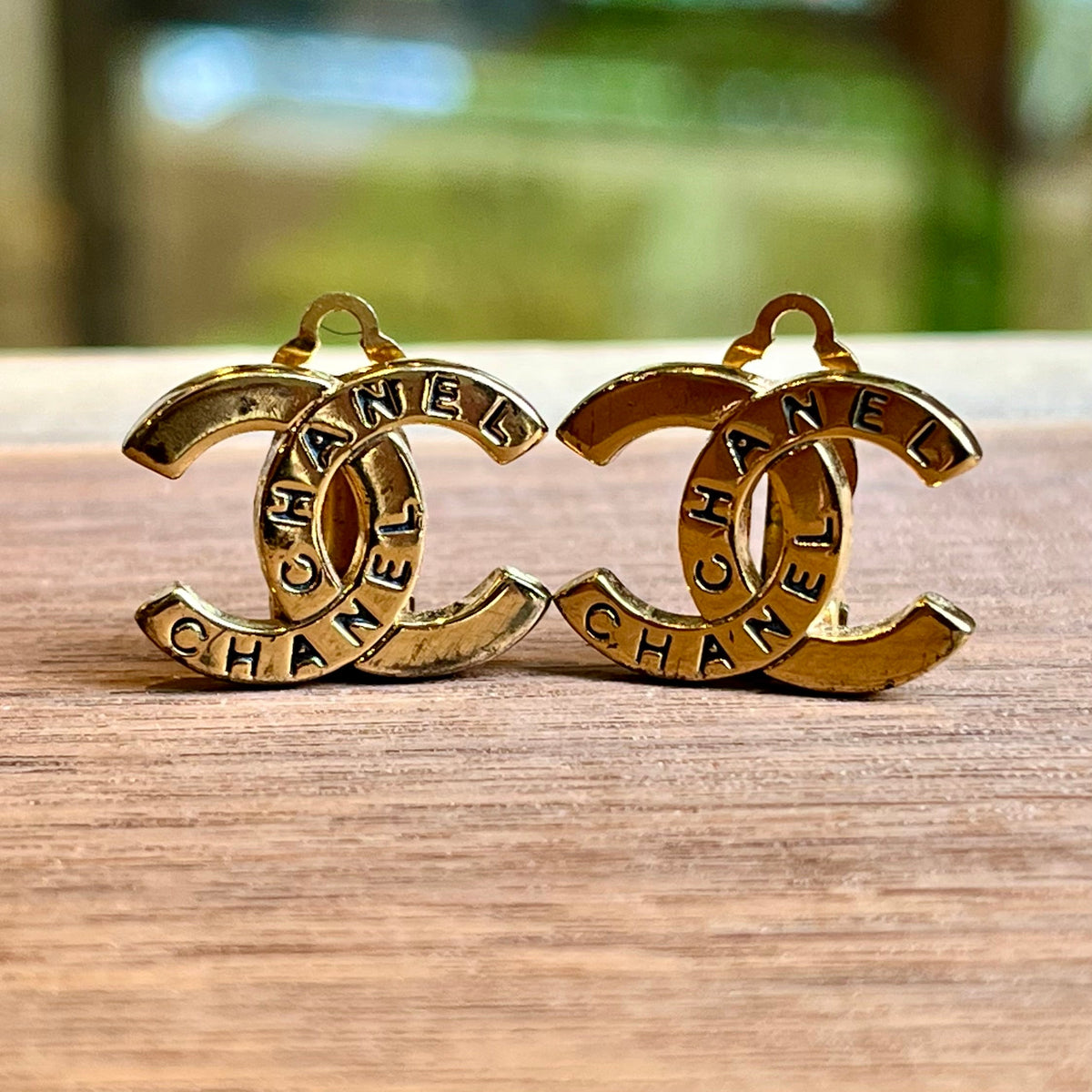 CHANEL Gold-Tone CC Chanel Engraved Vintage Clip On Earrings