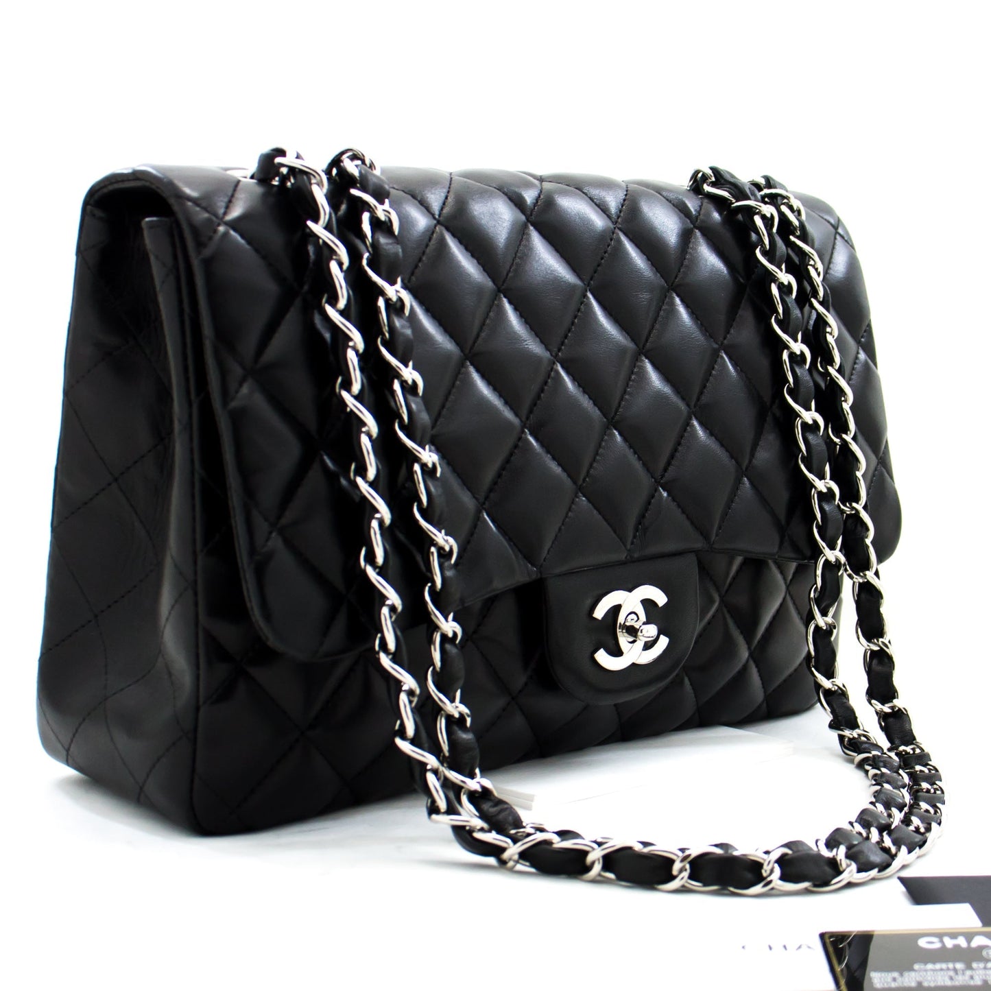 CHANEL Large Classic Handbag 11"Chain Shoulder Bag Flap Black Lamb