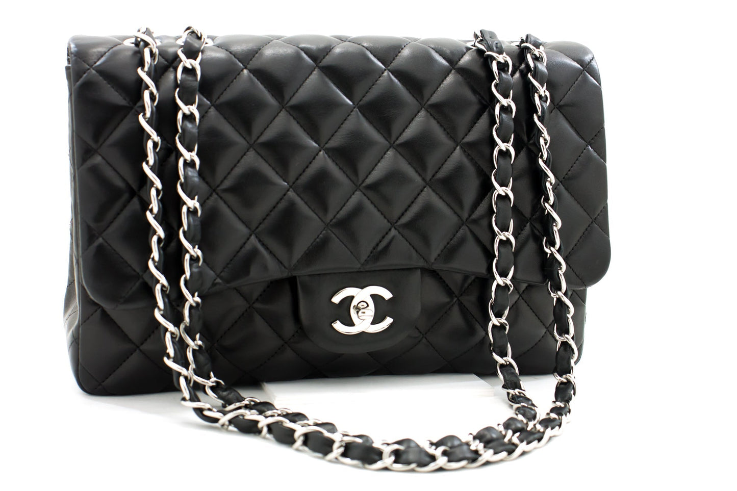 CHANEL Large Classic Handbag 11"Chain Shoulder Bag Flap Black Lamb