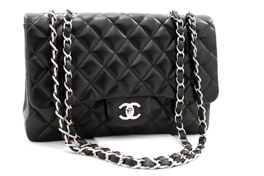 CHANEL Large Classic Handbag 11"Chain Shoulder Bag Flap Black Lamb