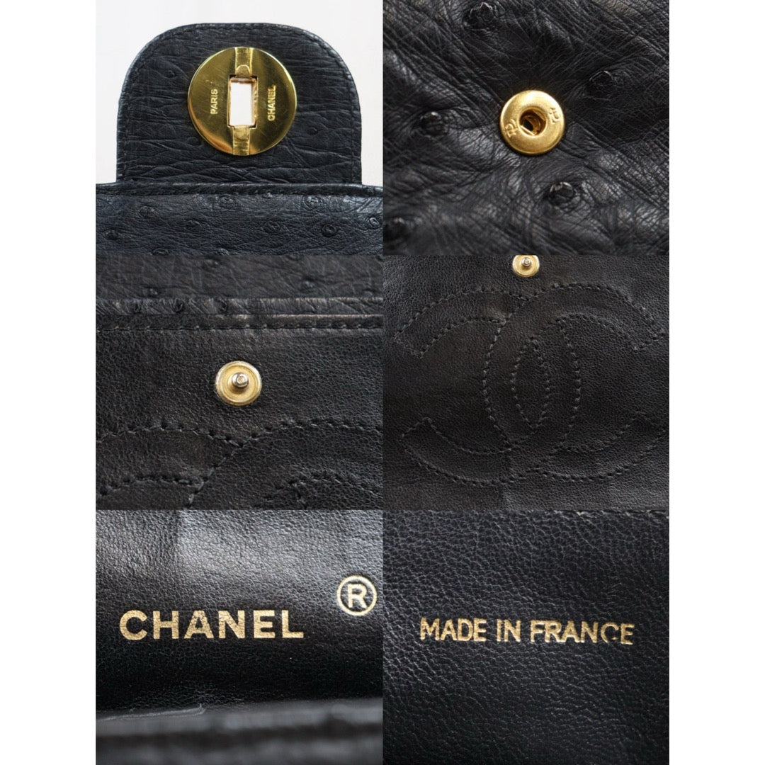 Good ( Rank AB)｜ CHANEL Ostrich Skin Double Flap 25 Chain Shoulder Bag Black Made In 1986 - 1988 Year｜25030704