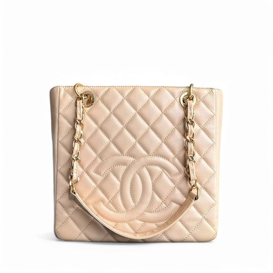 Chanel PST Petite Shopping Tote - Caviar Quilted Beige Gold Hardware Series 13