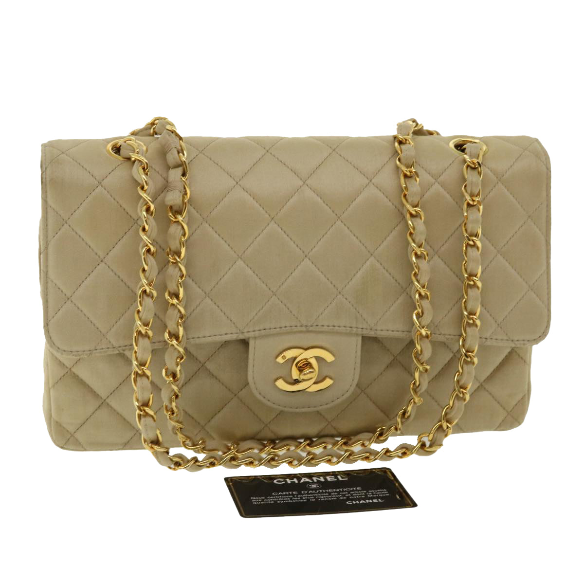 CHANEL Matelasse 25 Turn Lock Chain Shoulder Bag Satin Beige CC Auth 32604