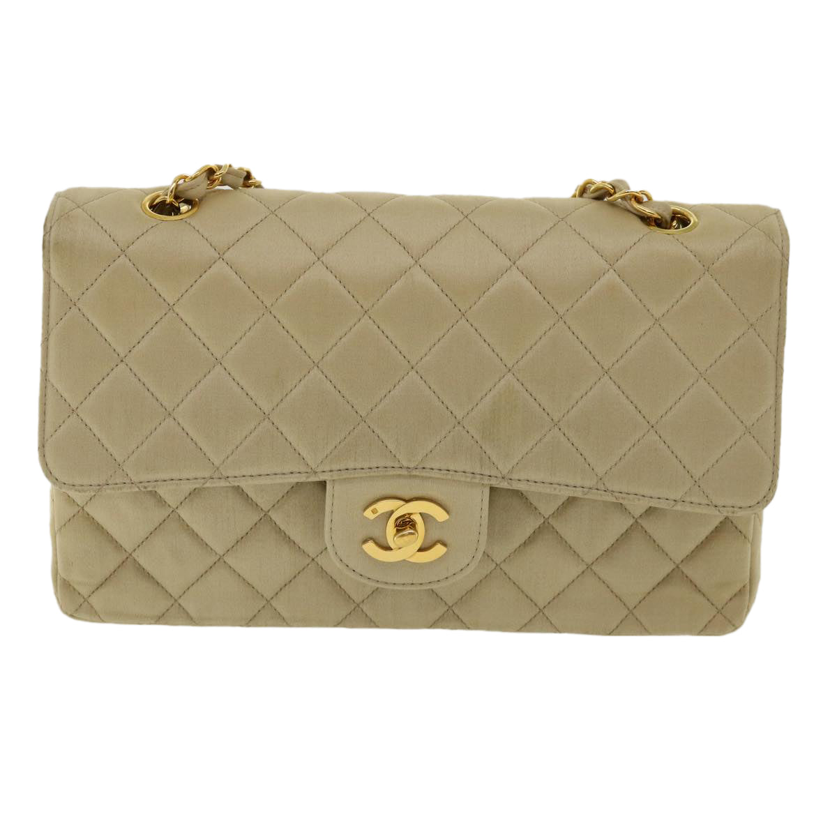 Top Quality Chanel Matelasse 25 Turn Lock Chain Shoulder Bag Satin Beige CC Auth 32604