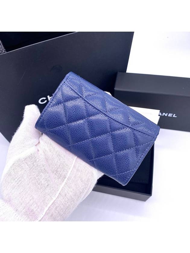 Classic Gold Logo Grained Shiny Calfskin Card Wallet Navy Chanel