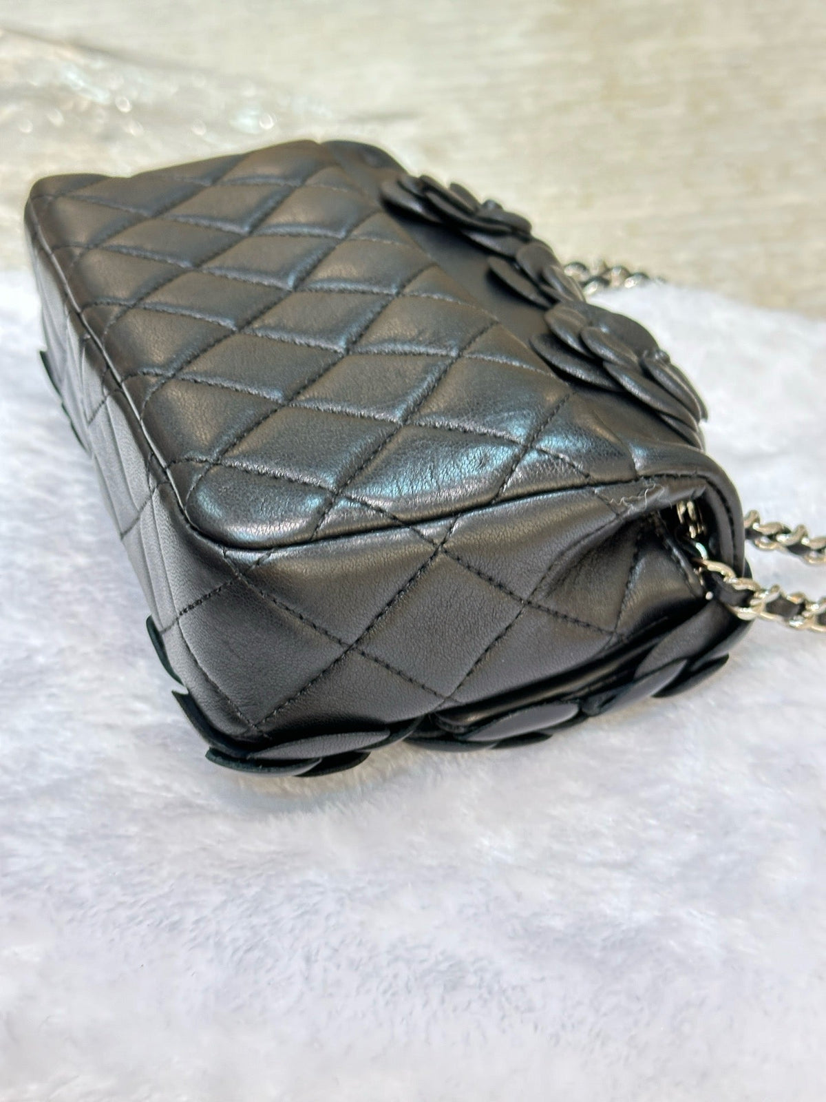 Chanel Mini Limited Edition Black Camellia  Lambskin Flap Bag