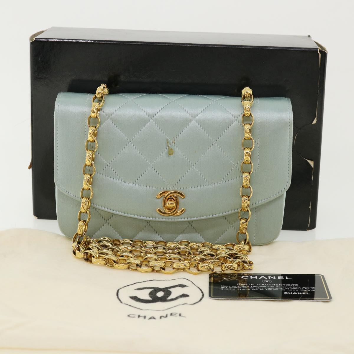 Top Quality Chanel Diana Matelasse Shoulder Bag Satin Light Blue CC Auth 33325A