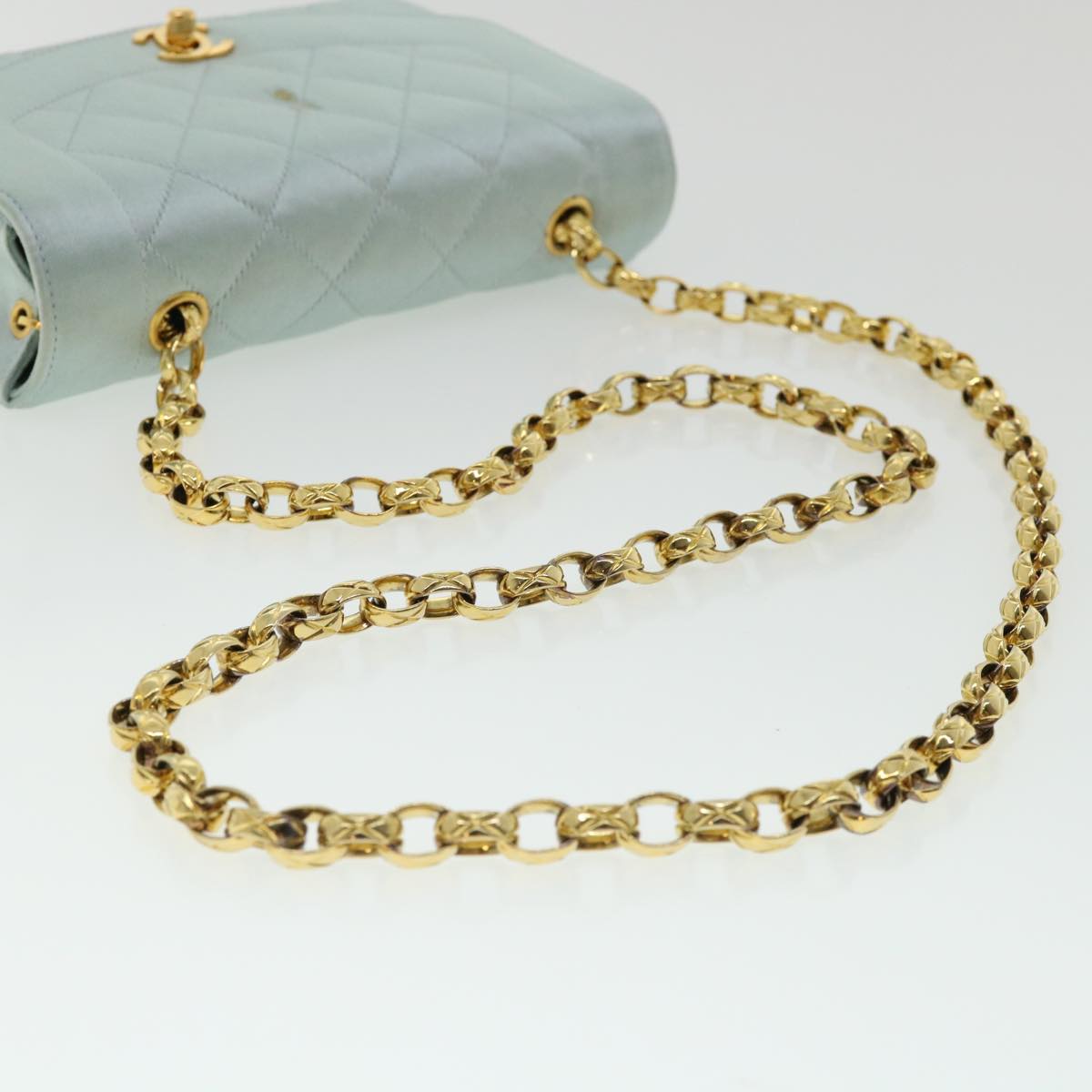 Top Quality Chanel Diana Matelasse Shoulder Bag Satin Light Blue CC Auth 33325A