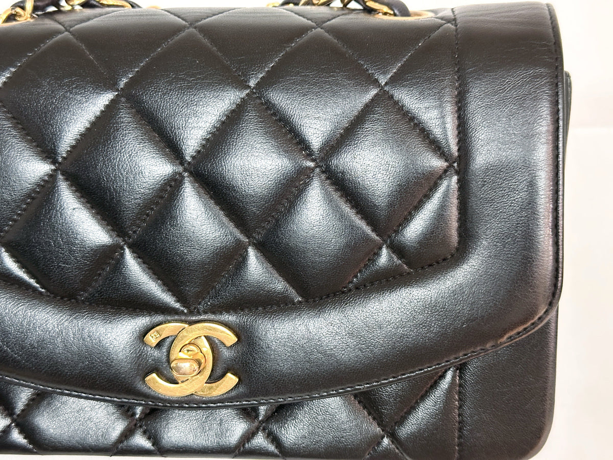 Chanel Small Vintage Diana Lambskin Should Flap Bag Black 3541 holo card