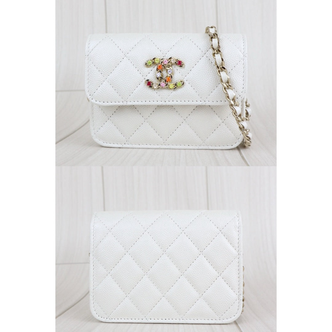 Very Good ( Rank A)｜ CHANEL Matelasse Chain Calf Leather Colour Rhinestone Mini WOC White  IC Chips Model ｜W25062903