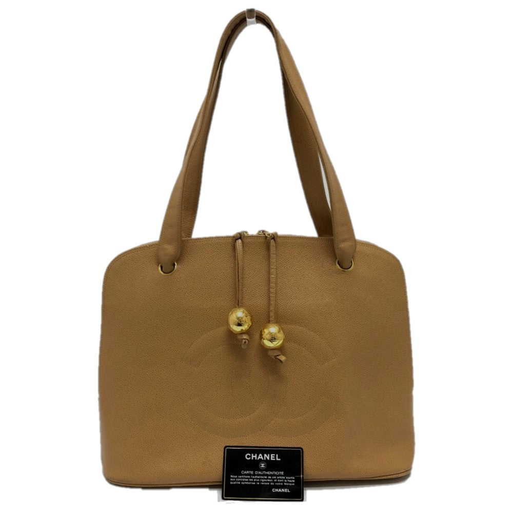 CHANEL Tote Bag Caviar skin beige Coco ball COCO Mark Women Used